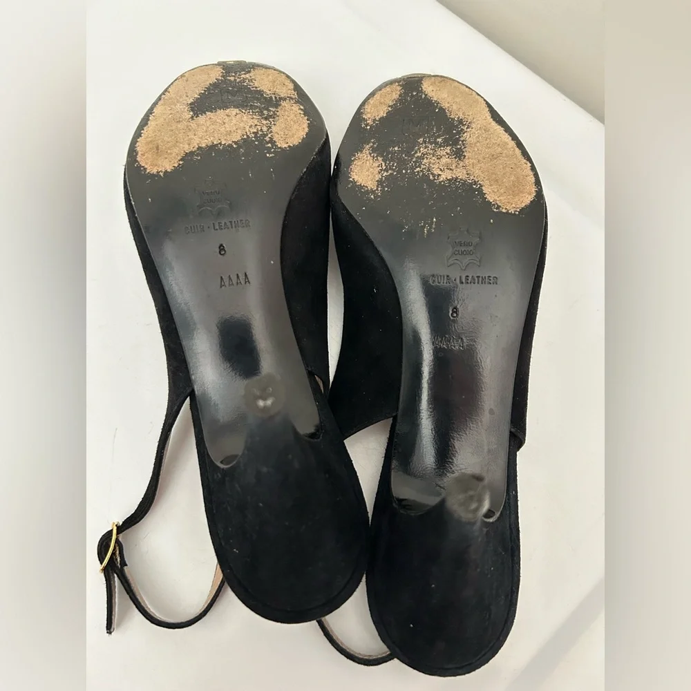Bruno Magli Suede Peep Toe Slingback Heels Black Size 8 AAAA Extra Narrow